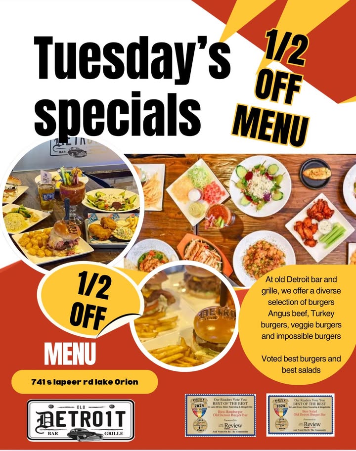 🎉🍽️ **1/2 Off Tuesdays at Old Detroit Bar!** 🍽️🎉