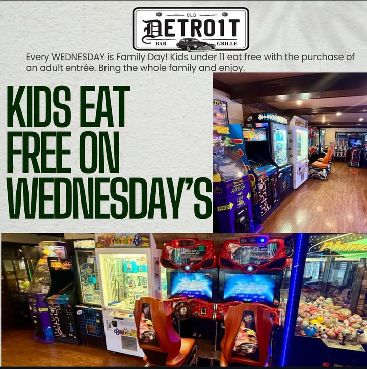 🍽️🎉 **Kids Eat Free** at Old Detroit Bar and Grille!