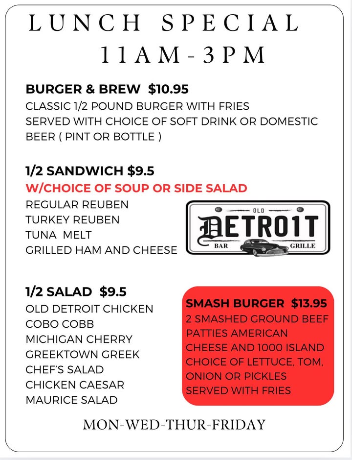 🍽️ **Lunch Specials with Legendary Portions at Old Detroit Bar and Grille!** 🍔