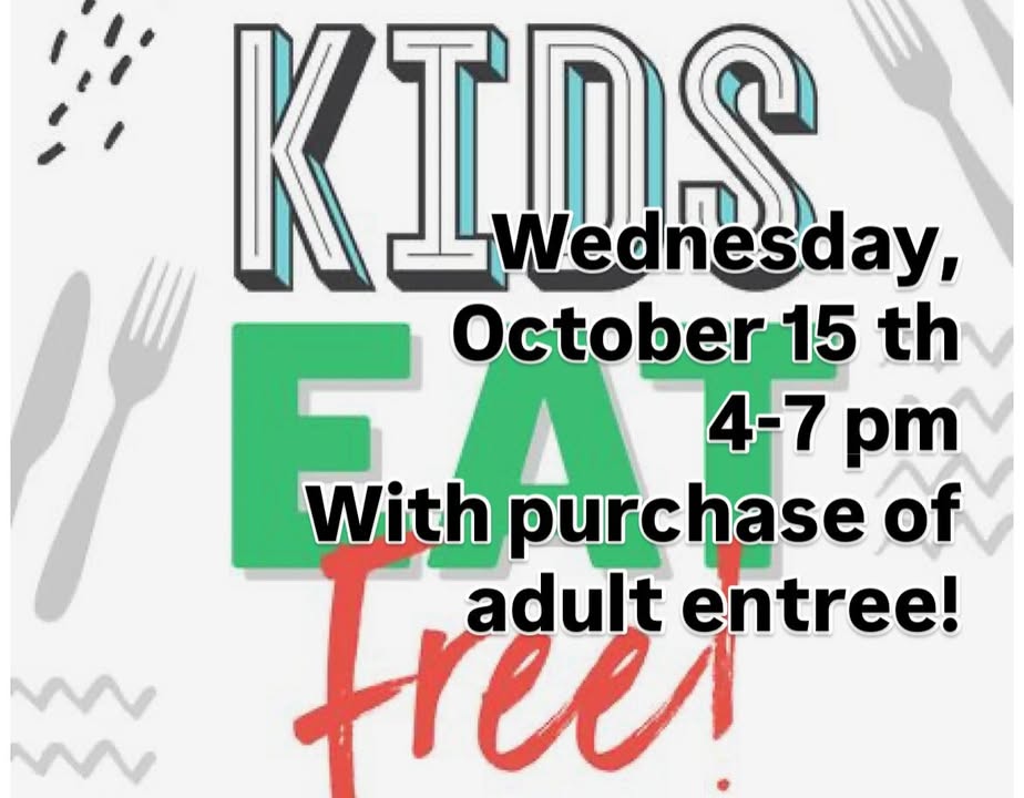 Kids eat free (kids menu) at Bitter Tom’s Distillery Wednesday, October 15 from 4 to 7 PM with the purchase of an adult entrée