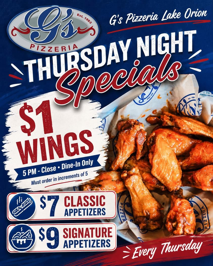 🍗 Thursday Night Specials are here at G’s Pizzeria Lake Orion! 🍕 Join us every Thursday from 5 PM to close for some se...
