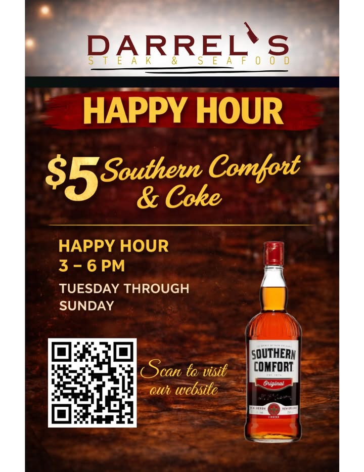 Hey Southern Comfort crew 📣 Join us today for Happy Hour from 3-6 pm