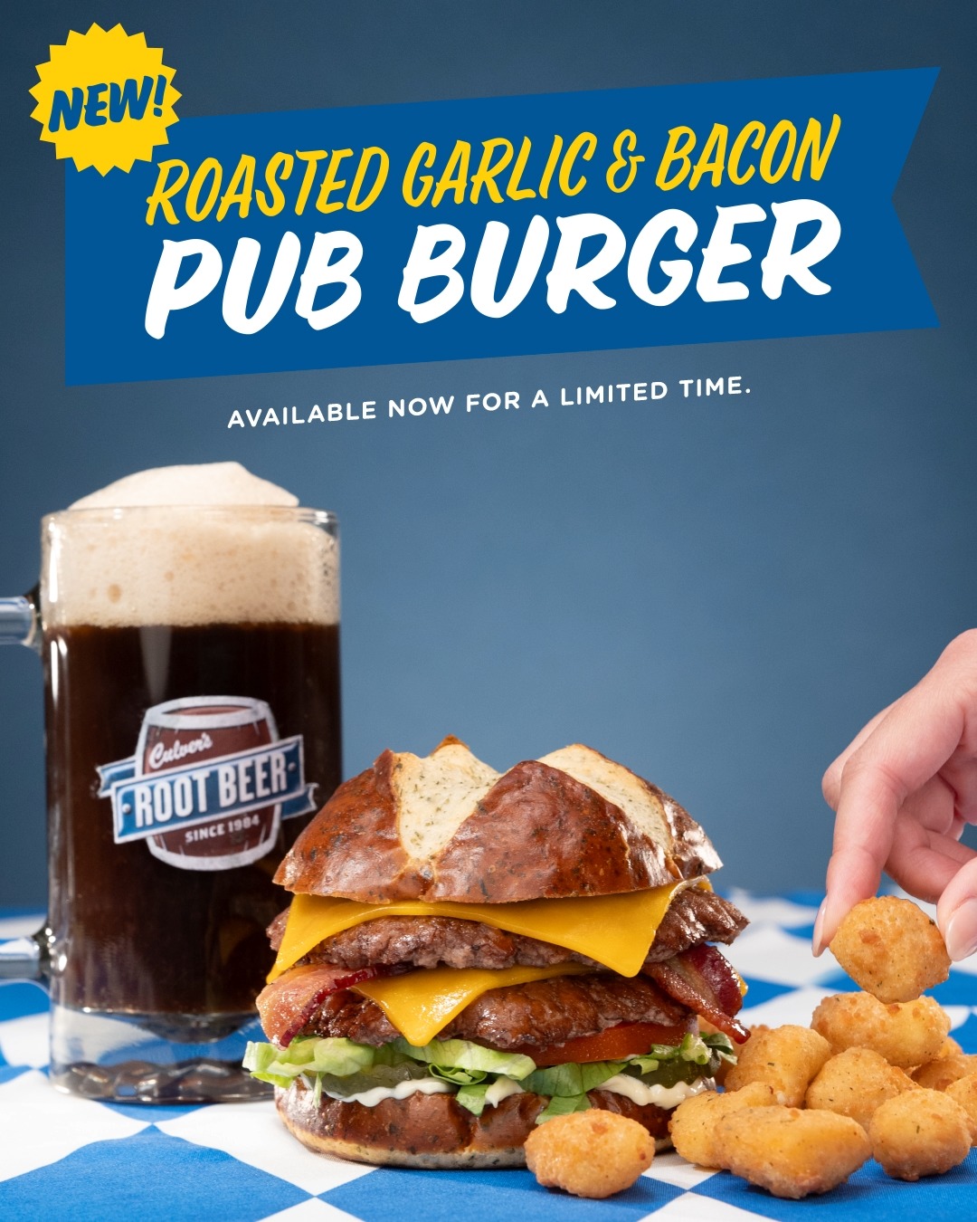 Our NEW Roasted Garlic & Bacon Pub Burger is here for a limited time