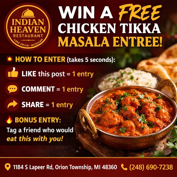 🎉 WIN A FREE CHICKEN TIKKA MASALA ENTREE!