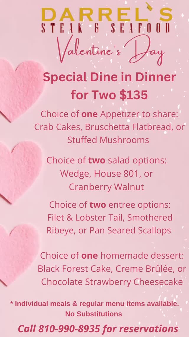 We’ve finalized our Dinner for two on Valentine’s Day