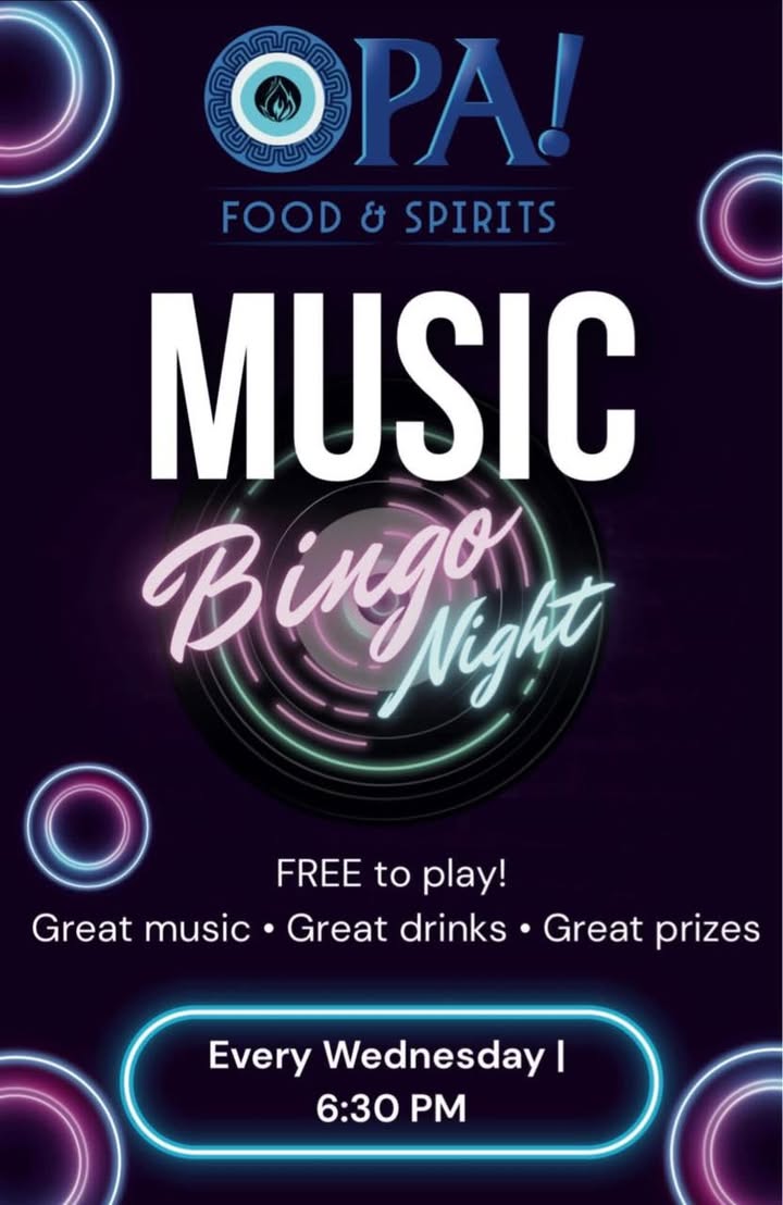 Come on up to Opa Food & Spirits on Wednesday night at 6:30 for 3 rounds of Music Trivia!
