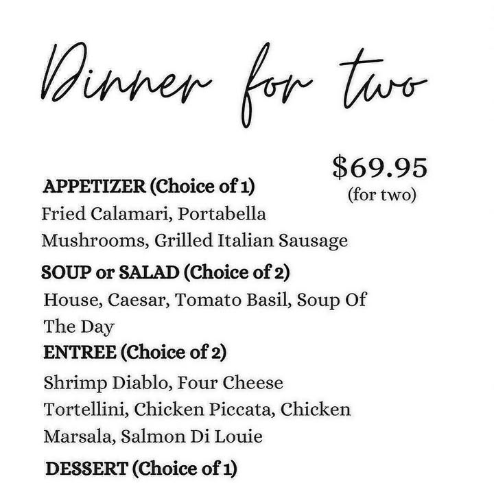 Thursdays Dinner for Two special is a great way to spend some cozy time with your favorite person!