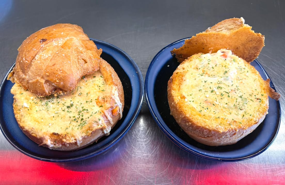 Stop by Opa Food & Spirits and try a Chicken Pot Pie Bread Bowl!